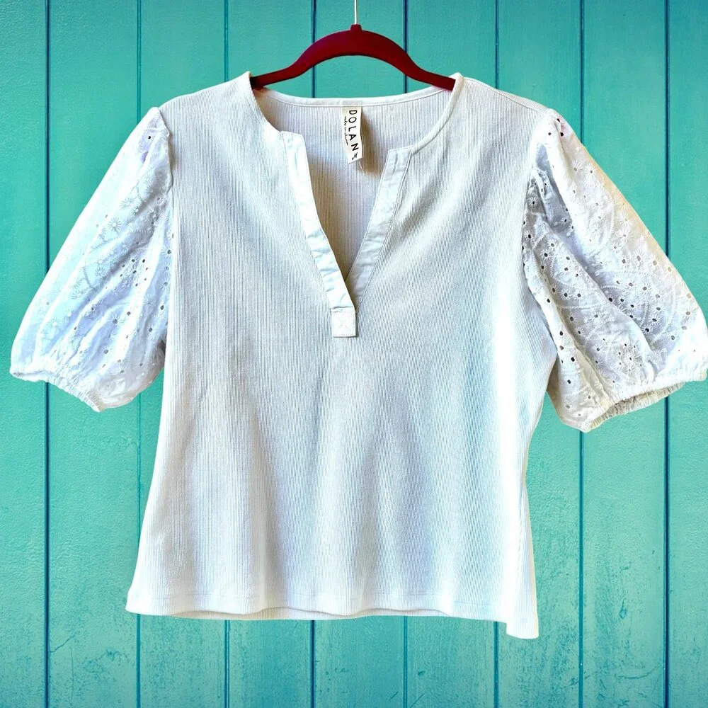 Dolan Anthropologie White Ribbed Top Puff Sleeve Eyelet Womens Medium NEW